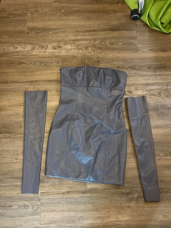 Strapless Faux Leather Mini Dress with Removable Sleeves - Dark Gray - Picture 1 of 6